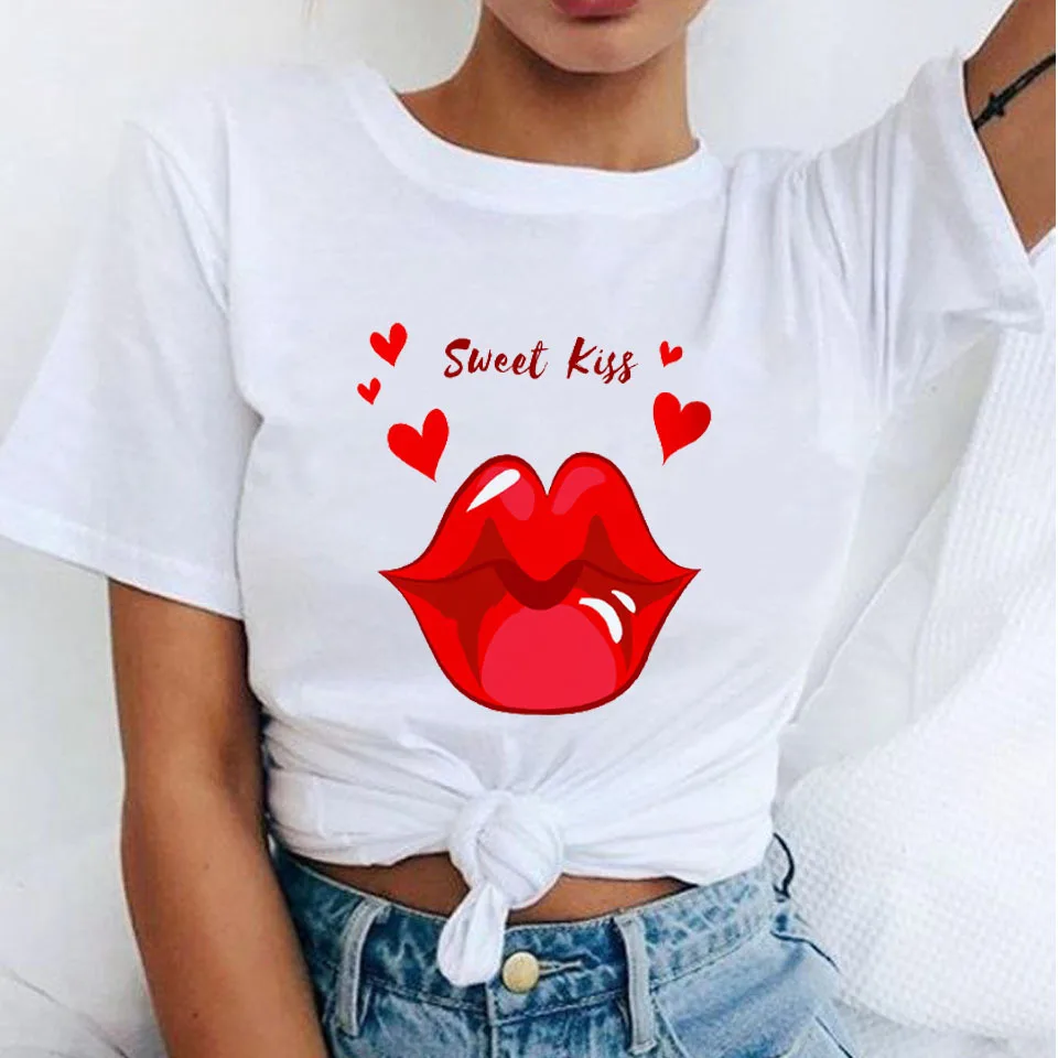 New Short Sleeve Fashion Sexy Red Lips Leopard Print Fruit Print Ladies T-shirt Top Women Clothes  Aesthetic  Graphic T Shirts