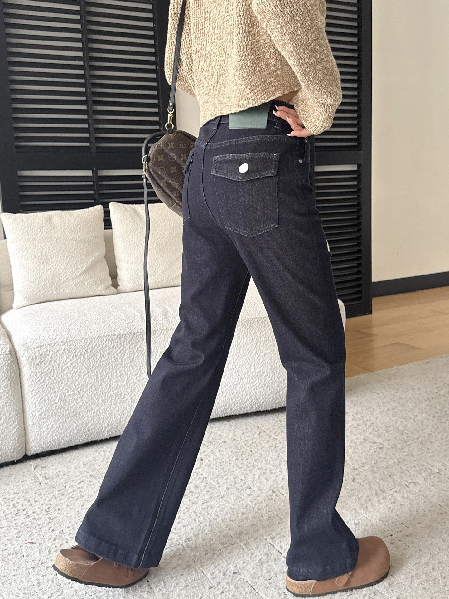 

Женские джинсы-клеш с высокой талией, темно-синие, прямые, широкие, модные, весенние, из денима, для стройного силуэта