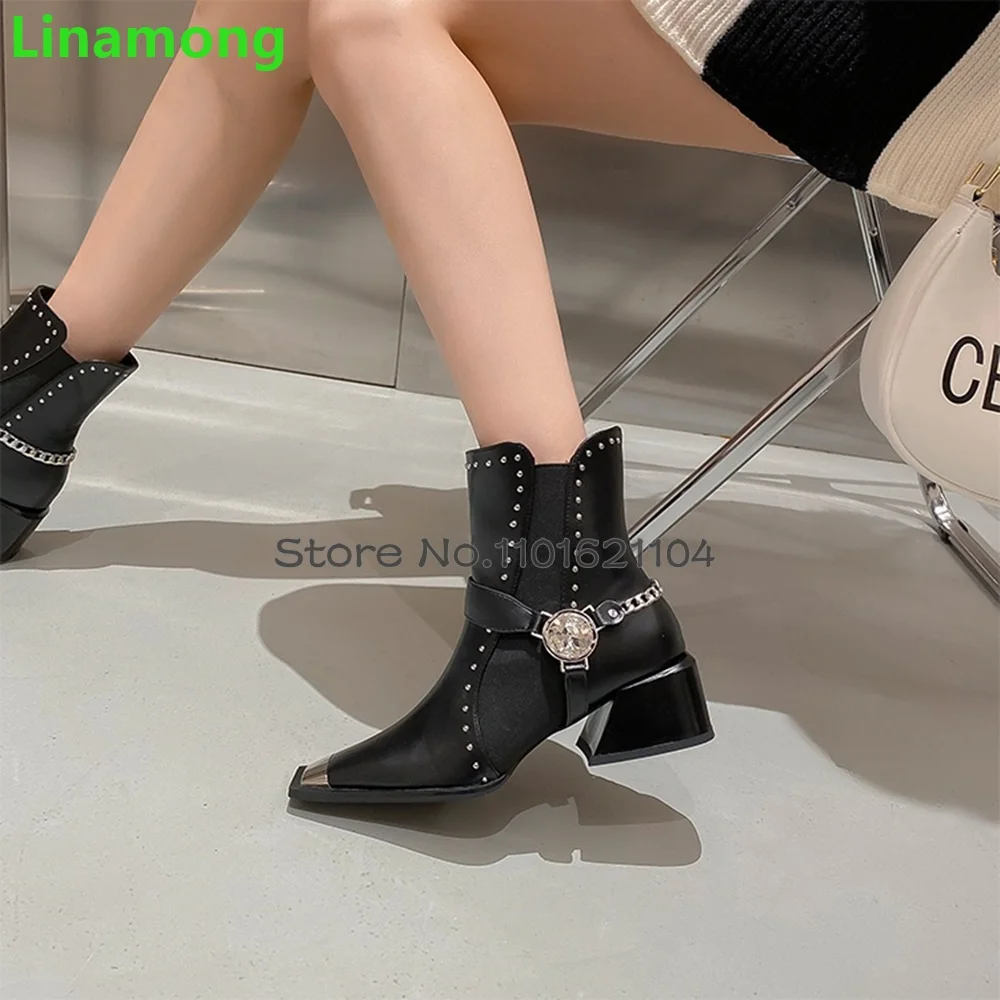 Black Square Toe Crystal Boots For Female Women 2024 New Chunky Heel Ankle High Elegant Slip-on Fashion All-match Winter Shoes