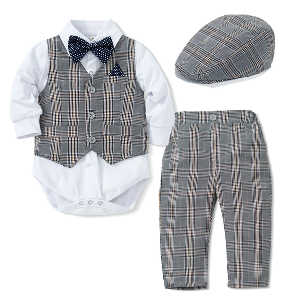 

Gentleman Infant Costume Plaid Vest Hat Suit Baby Boy 1st Birthday Set Long Sleeve Romper Autumn Outfit Newborn 3-24M Clothes