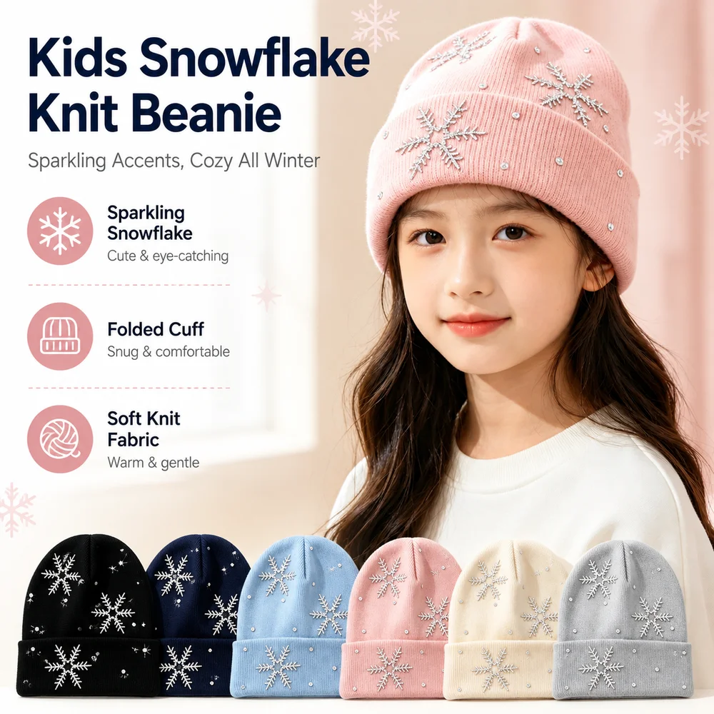 Knitted Fabric Winter Beanie Snowflake Embellishment Folded Cuff Children Knit Hat Soft Rhinestone Snowflake Knitted Cap