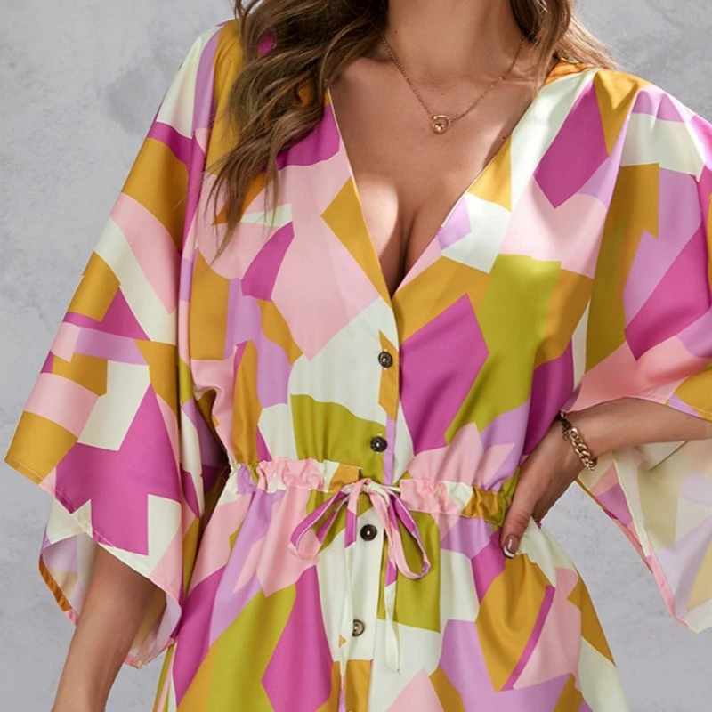 Women's Summer Casual Print Mini Dresses Sexy V-Neck Bat Sleeve Ruffl Boho Beach Sundress Loose Vacation Holiday Dress Vestidos