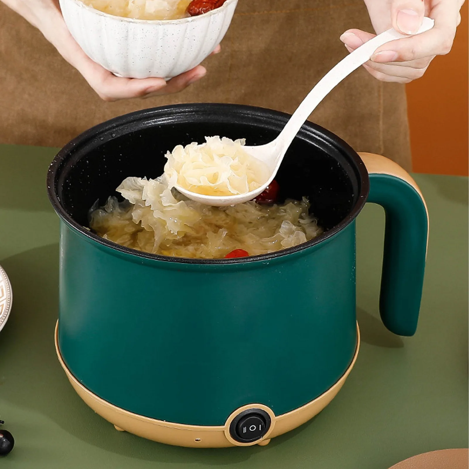 وعاء طهي كهربائي أخضر 1.8 لتر 600 وات مع بخار 2 مستوى قابل للتعديل مضاد للالتصاق طباخ متعدد الوظائف للحساء المعكرونة