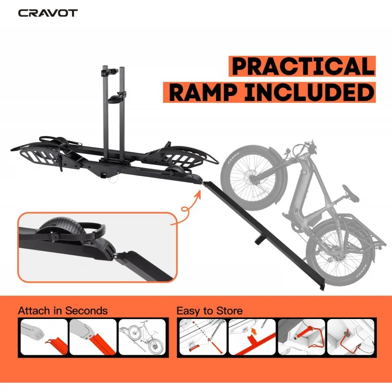 CyberRack E2 Hitch 2 EBike Rack with Ramp, 200 lbs Capacity Electric Bike Carrier Foldable Platform Mount, Up to 5-inch Fat Tire