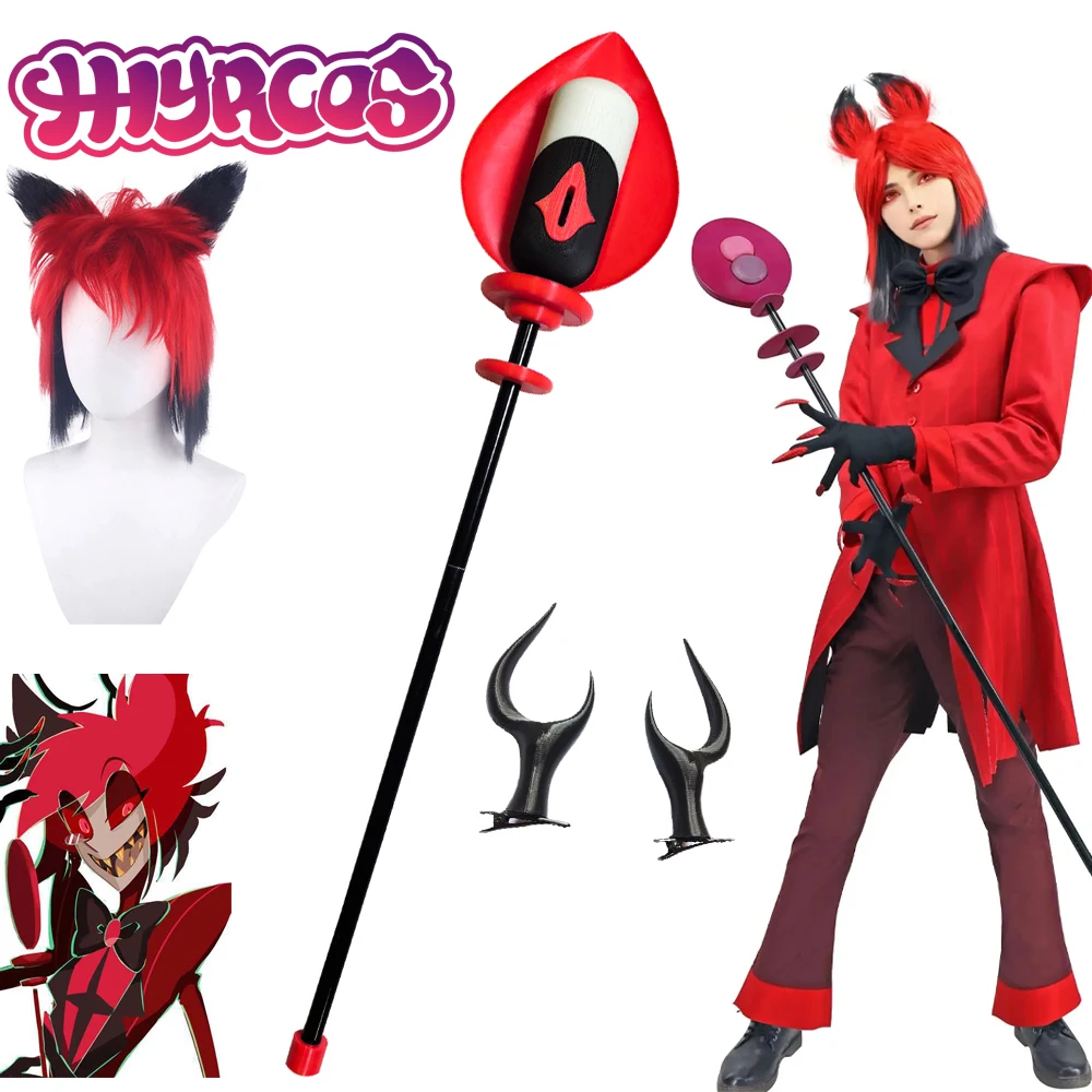 Hotel Alastor Cos Costume Microphone Cane Props Horns Anime Hazbin Cosplay Uniform Wigs Jacket  Shoes Boots Halloween Carnival