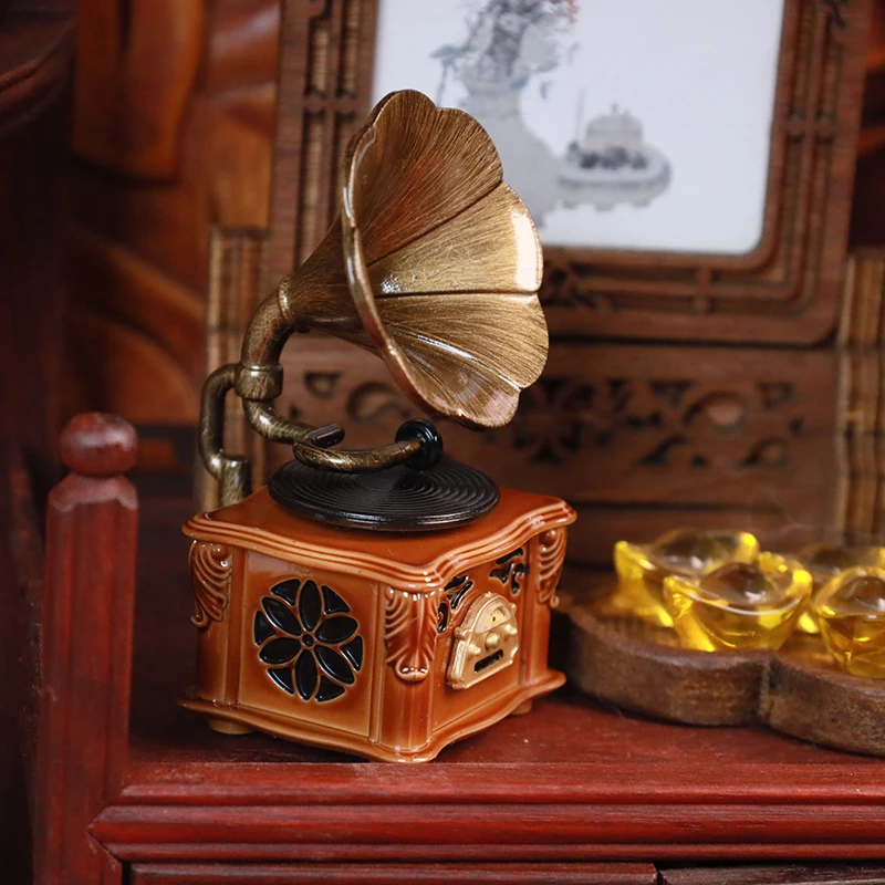 Dollhouse Miniature Retro Gramophone With Music Mini Phonograph Record Simulation Gramophone Handicrafts Home Model Toys Decor