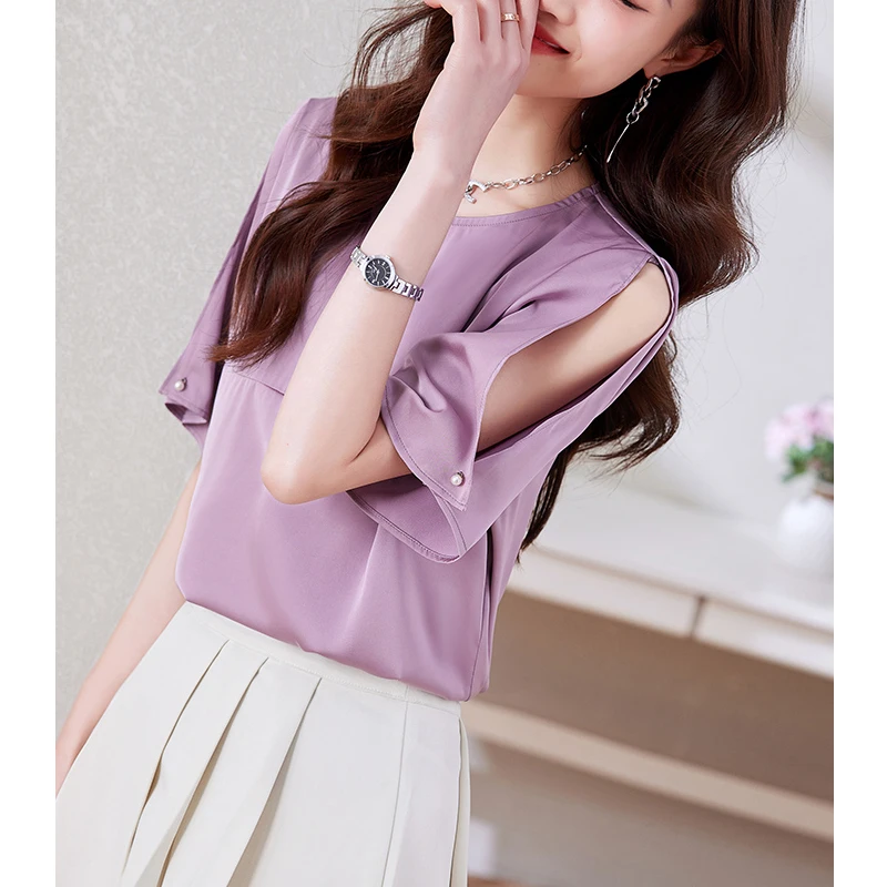 Women Stylish Elegant Silk Blouse 2024 Summer Office Lady Commuter Hollow Short Sleeve Shirt Simple O Neck Solid Sweet Loose Top