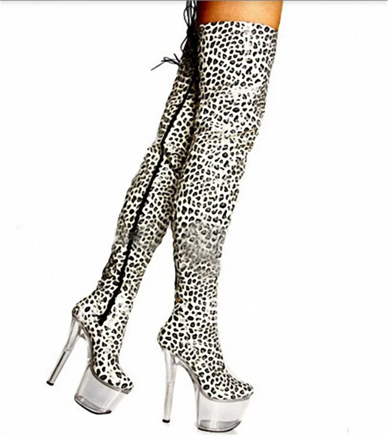 Sexy 20cm leopard print leather knee-high heels, 8-inch platform thigh-high thigh-high motorcycle boots