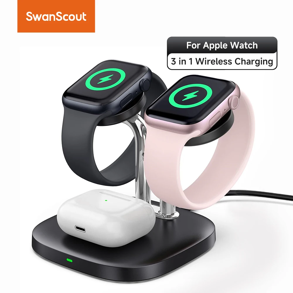 

SwanScout 704A Dual Watch Charger Stand for Apple Watch 10 Ultra 2 9 8 7 6 5 4 3 SE Wireless Charging Dock for Airpods 4 Pro 2 3