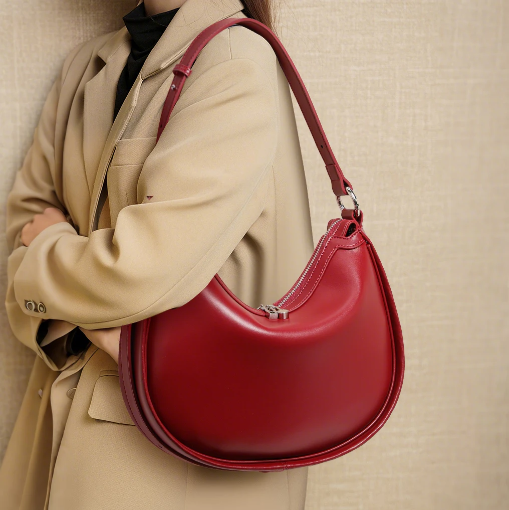 

2025 Red Commute Premium Leather Moon-shaped Bag - New Design