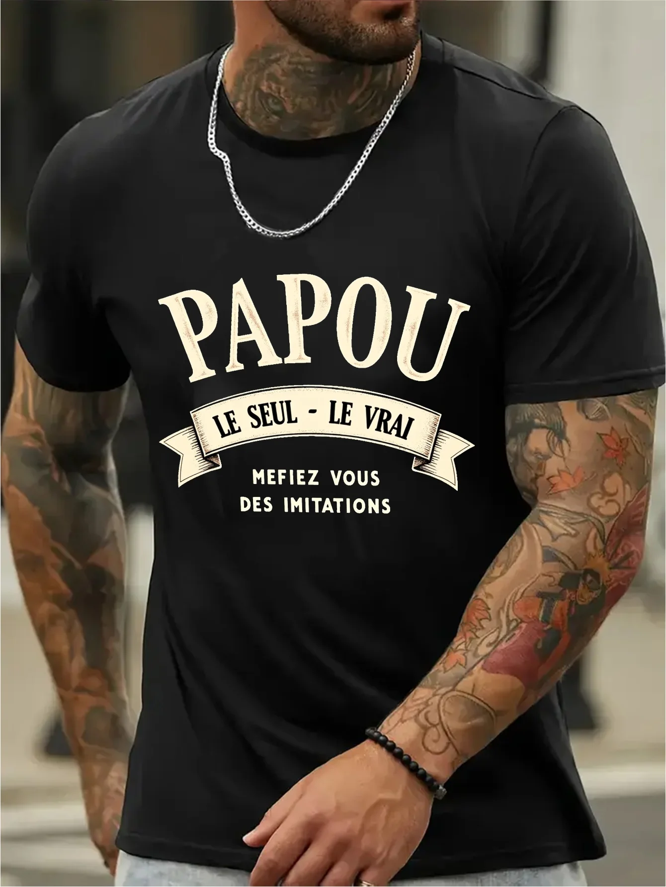 Men's PAPOU French Quote Print T-Shirt Casual Short Sleeve Cotton Tee Humorous Dad Gift Streetwear Tops