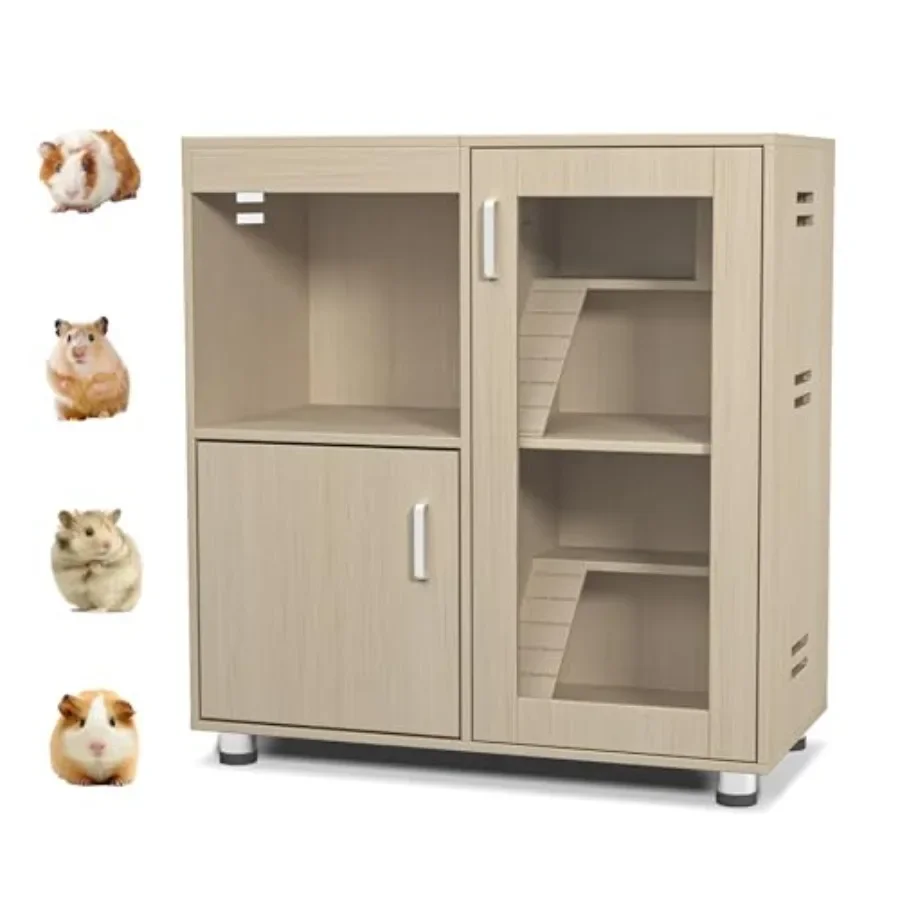 

Spacious 4Tier Hamster Cage with Integrated Storage Cabinet for Small Animals Features Openable Top Design Durable Wood Constru
