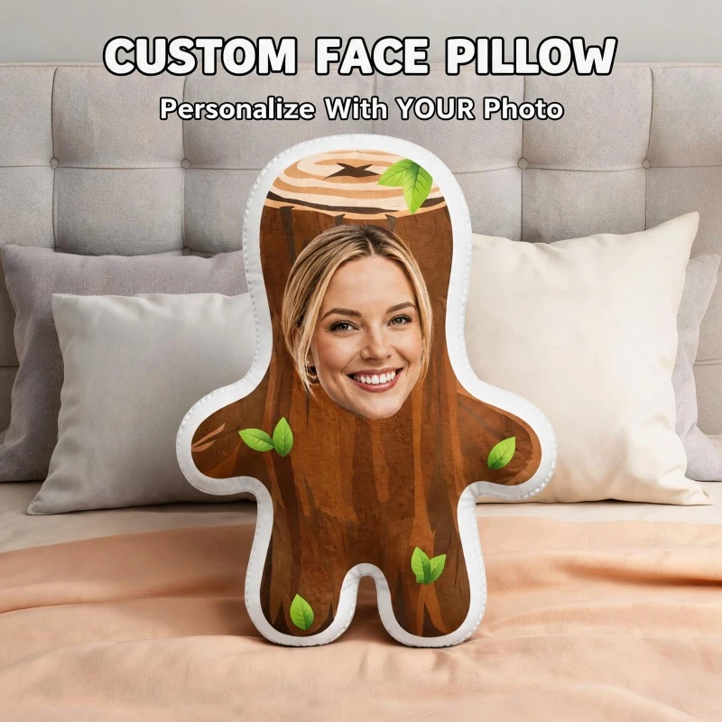 Custom Personalized Photo Face Pillow, Funny Tree Stump Shaped Decorative Cushion with Smiling Portrait, Unique Home Decor Accen