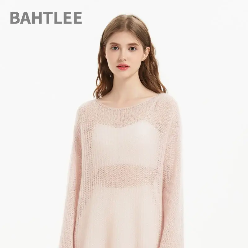 BAHTLEE-Women\'s Mohair Knitted Pullovers, Slash Neck, Flare Sleeve, Thin, Loose, Comfortable, See-Through, Autumn