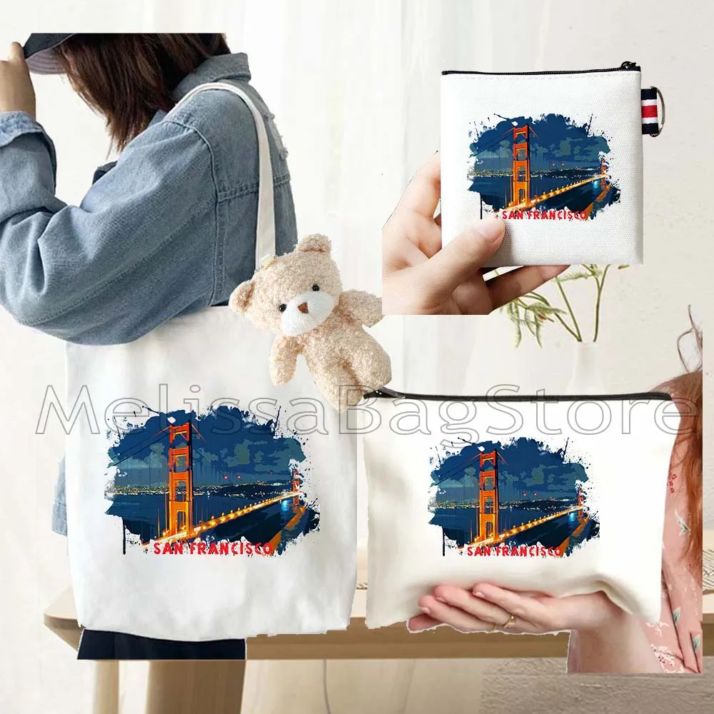4PCS Gifts Set San Francisco White Canvas Tote Bag Handbag with Doll Key Coin Purse Cosmetic Makeup Toilet Bag Case Pouch