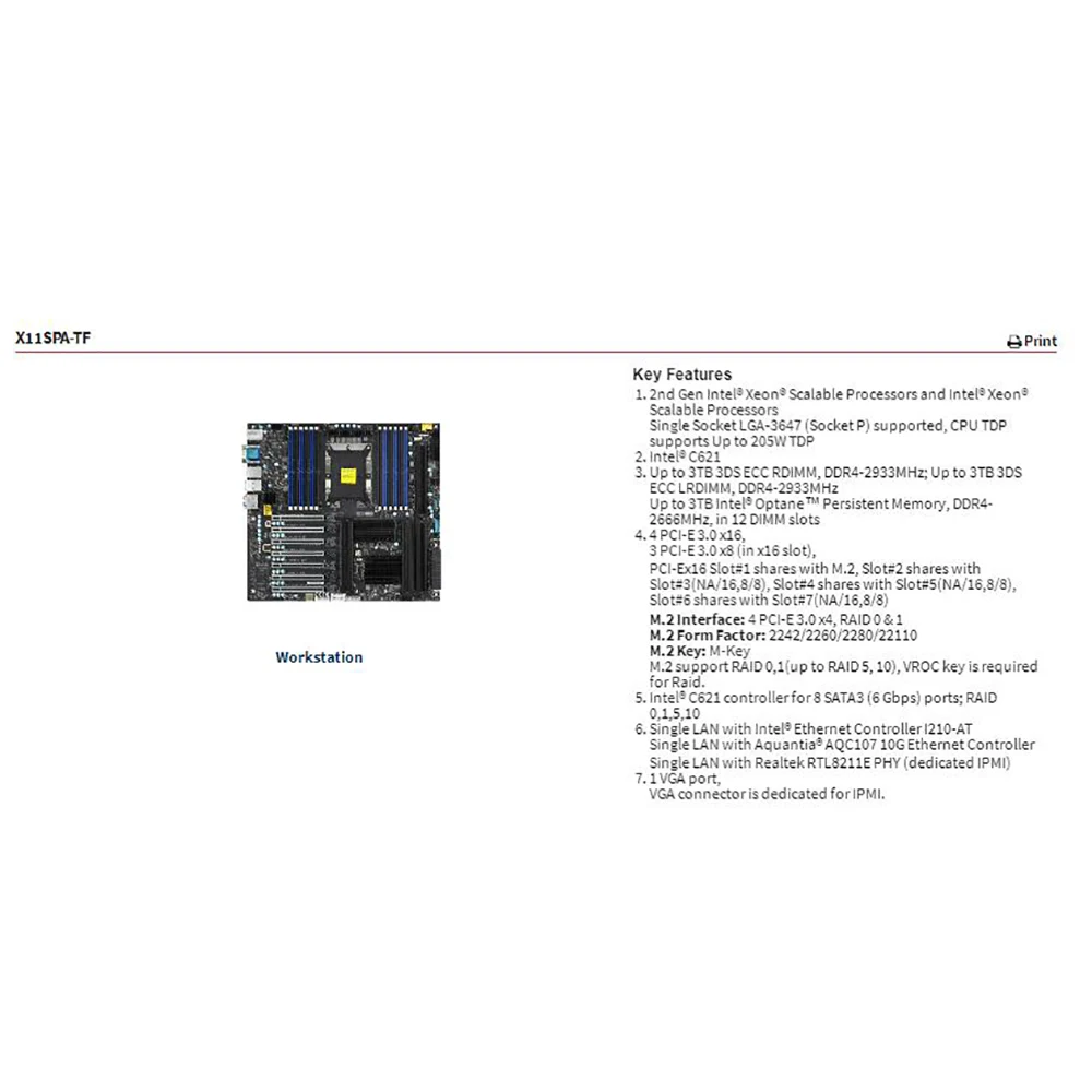 Motherboard LGA-3647 DDR4 PCI-E 3.0 M.2 2nd Gen Xeon Scalable Processors For Supermicro X11SPA-TF