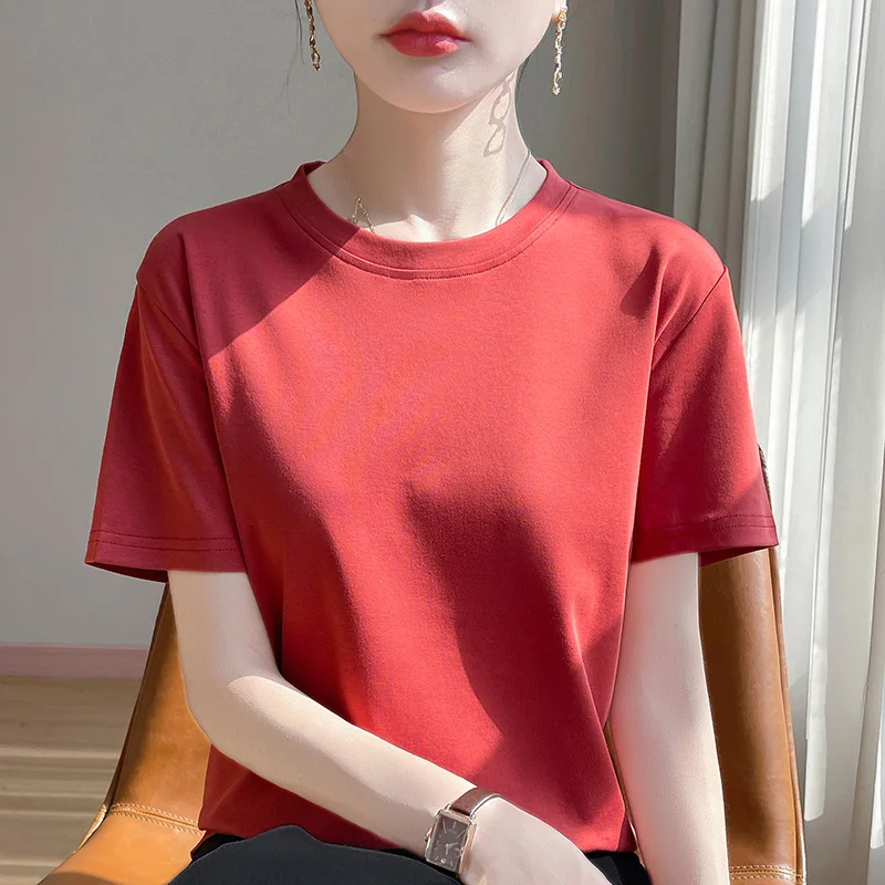 Summer Orange Woman Mercerized Cotton T-Shirt With Half Sleeves And High-End 100%Cotton Short-Sleeved T-shirt Is Loose And Slim
