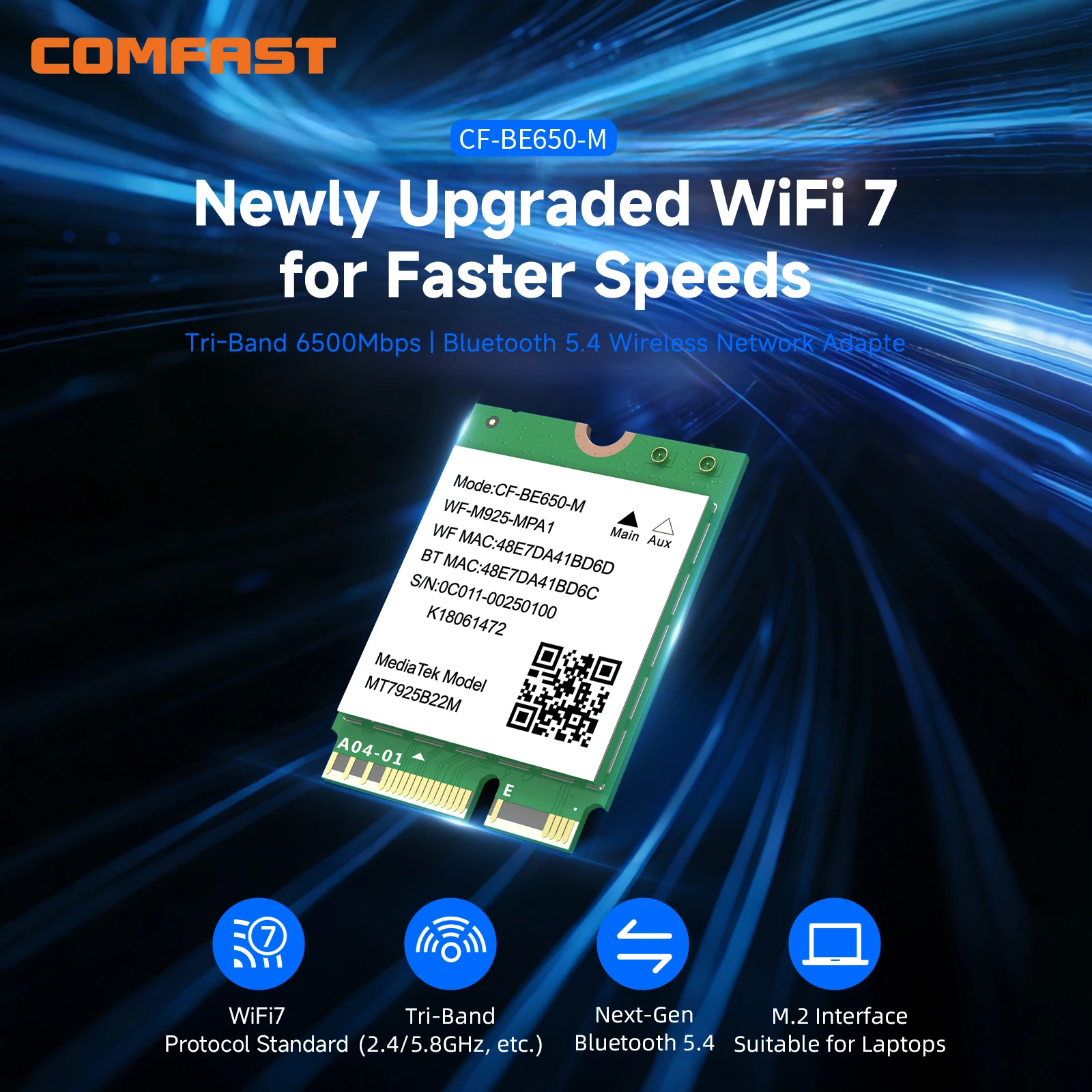 

Сетевая карта Comfast WIFI7 6452 Мбит/с, Bluetooth 5.4, приемник, Wi-Fi карта PCIE, 2*5dBi антенны, поддержка шифрования WPA3, совместимость с Linux / Win10/11