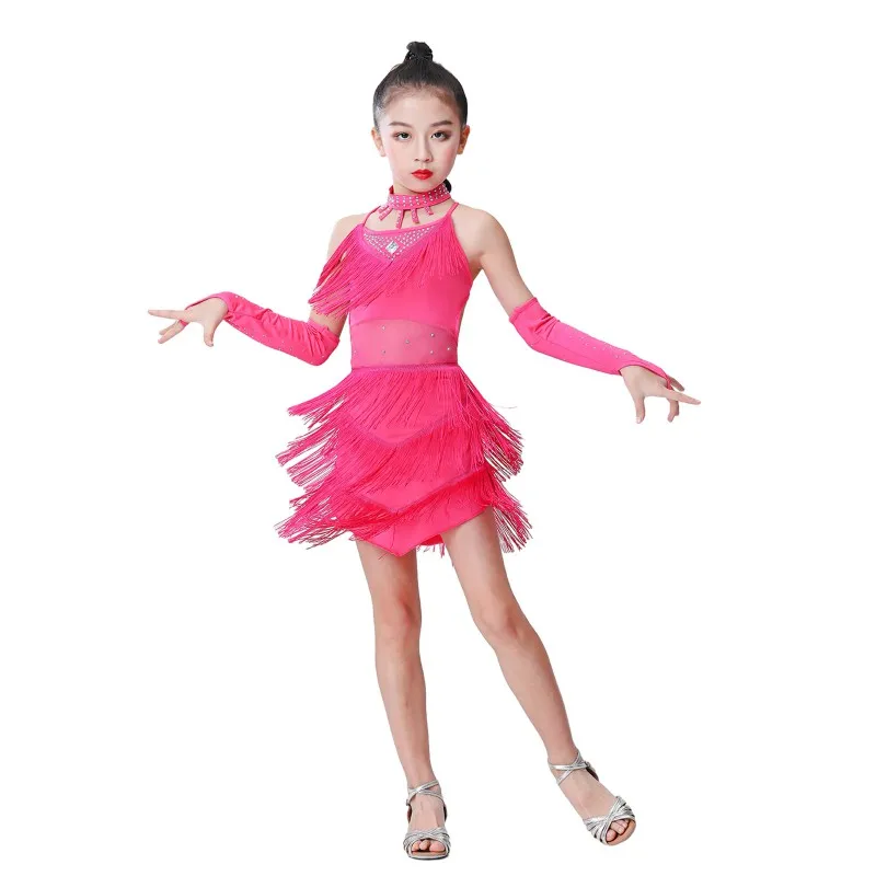 Girls Dance Dress Outfits Latin Dress Kids Solid Tassel Tango Cha Cha Dancewear Performance Stage Fashion Costume Dancing Dress