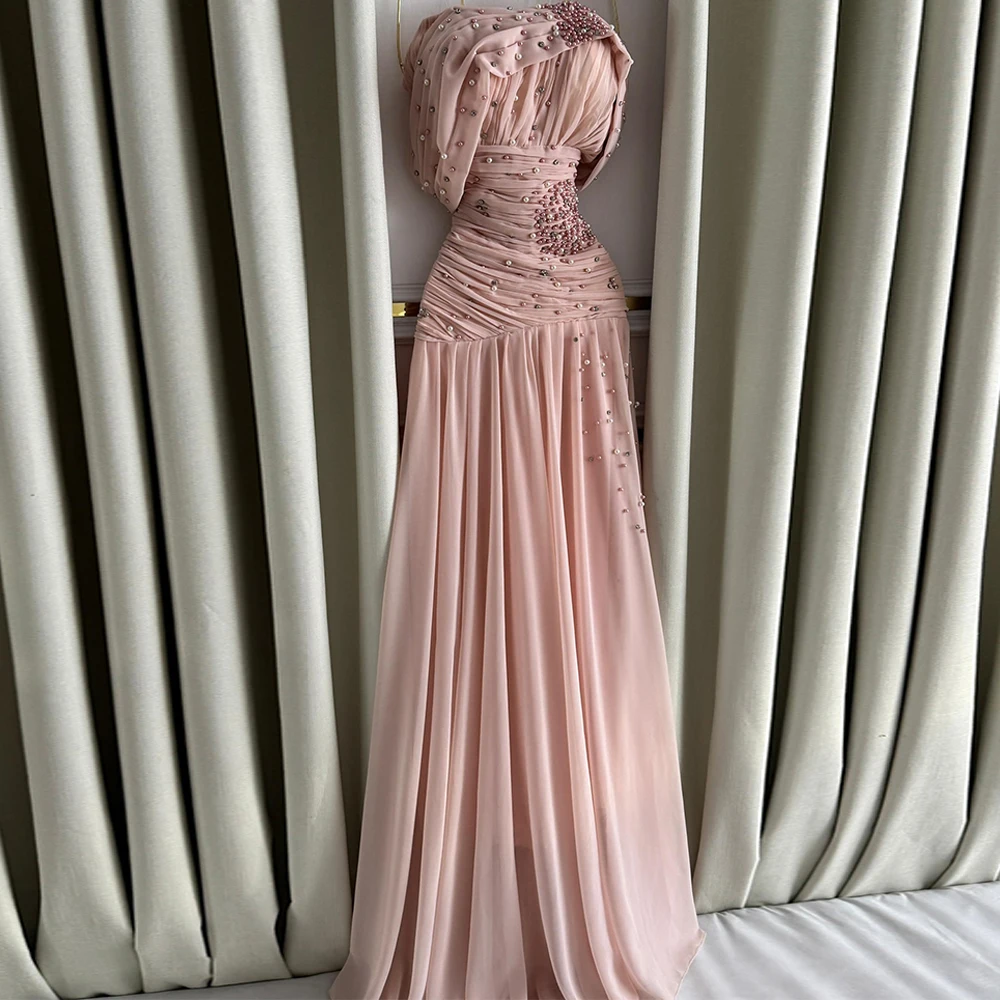 

Simple A-Line Special Occasion Gowns Luxury Pearls Pink Chiffon Customized Evening Dress Off the Shoulder Homecoming Dresses