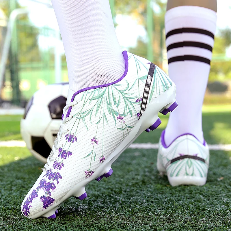 Zapatos de fútbol con estampado morado para niños, zapatillas de fútbol Unisex para entrenamiento de césped, botines ligeros y cómodos, zapatillas de fútbol sala para hombre