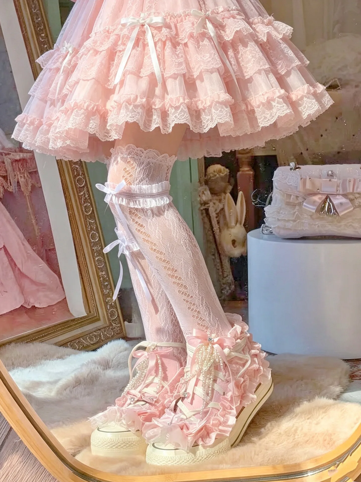 Sweet Lolita High‑top Canvas Shoes Ruffle Bow Pearl Decor Lace‑up Sneakers Kawaii Girl Casual Cosplay Sweet Daily Party Footwear