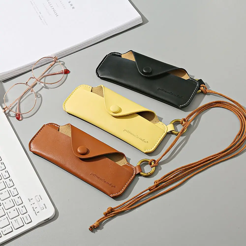 

With Hanging Rope Sunglasses Cases Solid Color PU Leather Snap-fastener Sunglasses Bag Eyeglass Pouch Boys Girls