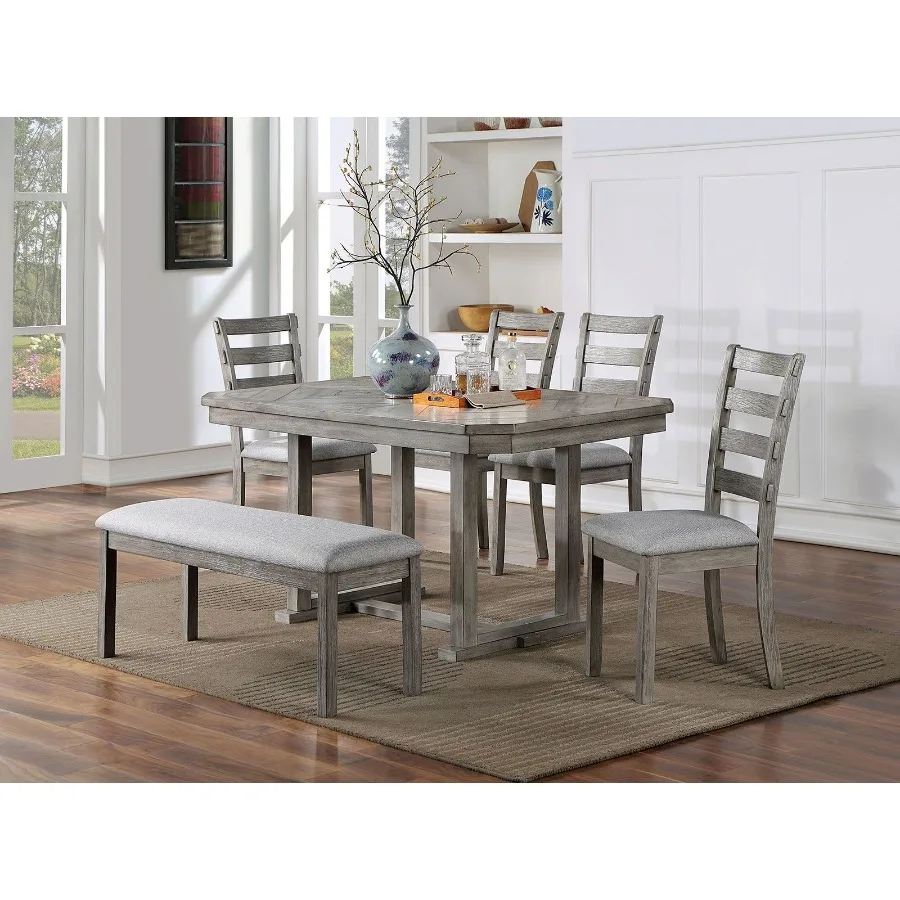 

Dining Table 4x Side Chairs Bench 6pcs Dining Set Grey Finish Dining Room Furniture Fabric Seat Rustic Style
