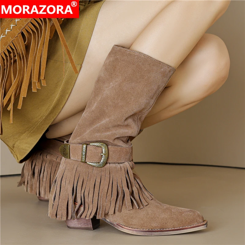 

MORAZORA Plus Size 34-43 New Nubuck Cow Suede Leather Western Boots Buckle Tassel Cowboy Boots Block High Heels Mid Calf Boots