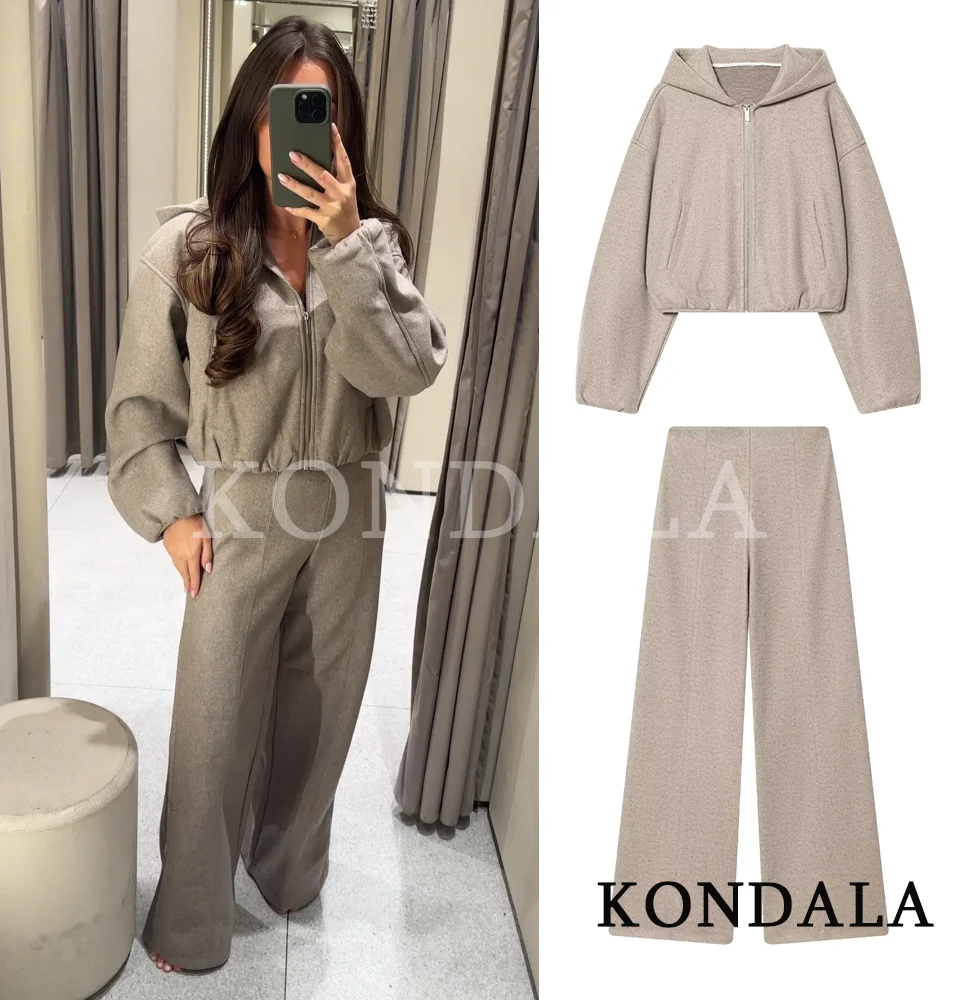 

KONDALA женский повседневный шикарный комплект брюк с капюшоном на молнии, длинные прямые брюки, комплект из 2 предметов, модный весенний спортивный комплект 2026 г.