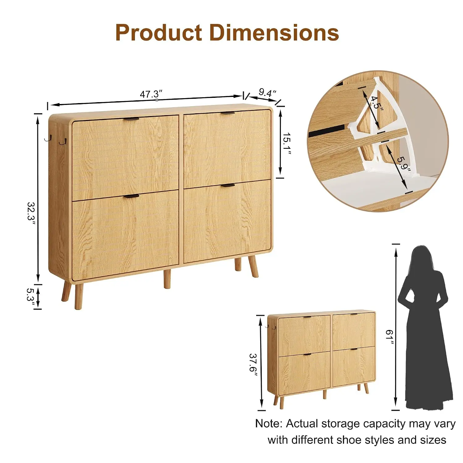 Fluted Shoe Cabinet 4 Flip Drawers Entryway Storage Oak, Customized