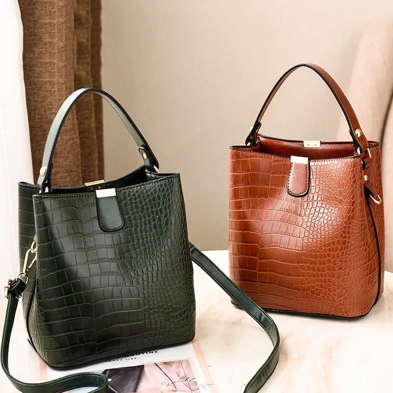 

Women Fashion Handheld Shoulder Bag Crocodile Pattern Casual Portable Handbag Textured Leather Crossbody Bucket Bag High Quality