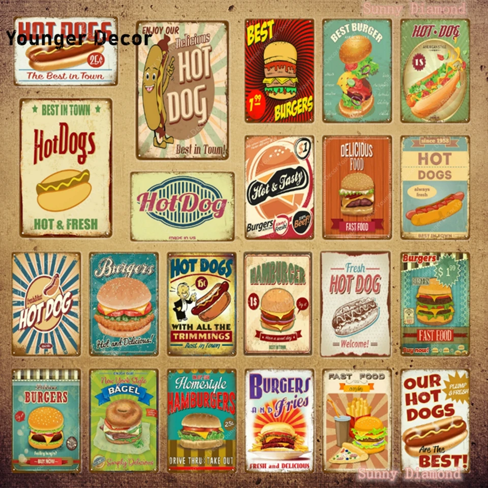 New American Diamond Painting Hot Dogs Bagel Hamburger Metal Signs Cross Stitch Kits 5D Mosic Embroidery Full Drill Home Decor