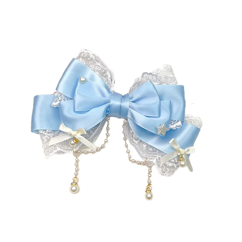 رائعة وحلوة الدانتيل اللؤلؤ سلسلة كبيرة القوس اللؤلؤ الوردي لطيف الأميرة خوذة مشبك شعر اكسسوارات لوليتا خوذة مشبك شعر