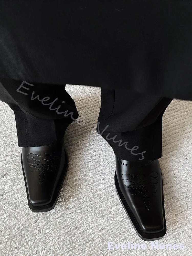 Retro Floral-Embroidered Leather Shoes Men/women Square Toe Chunky Heel Platform Matching Couple Loafers Classic Business Shoes