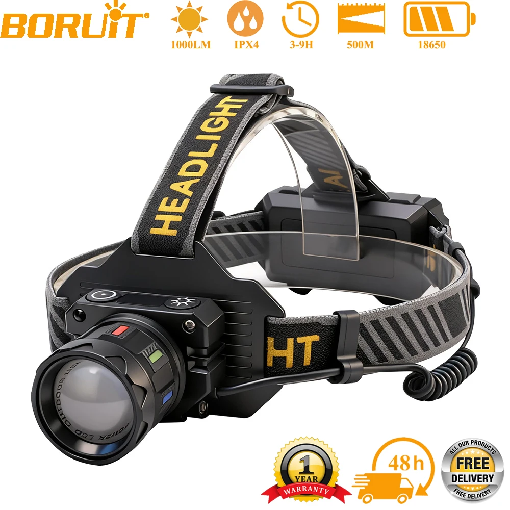 BORUiT 1000LM Motion Sensor LED Headlamp 500M Long Throw Zoom Type-C Rechargeable Headlight Waterproof Camping Head Torch