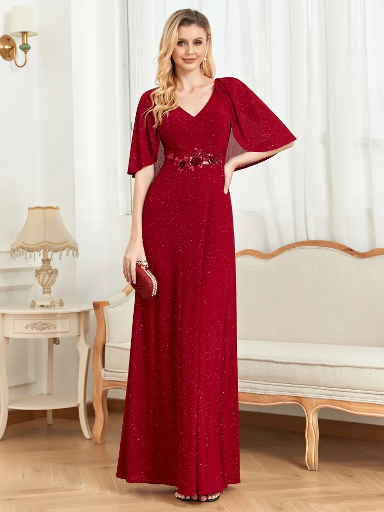 Luxury red Short Sleeve Navy Evening Dresse Elegant Women V-Back Formal Wedding Party Gowns Vestidos