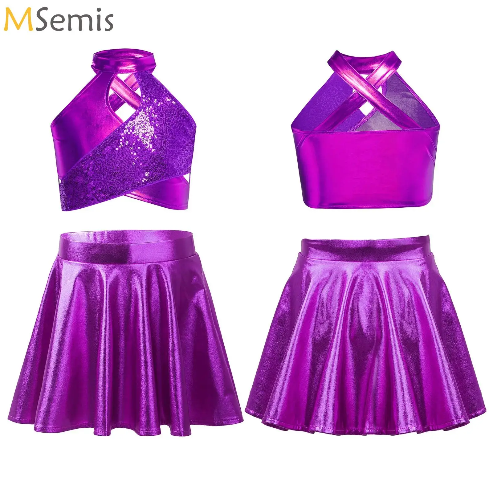 

Girl Sequin Jazz Dance Outfit Costume Shiny Metallic Crop Top with Skirt Dancewear Set School Basketball Cheerleading Costume