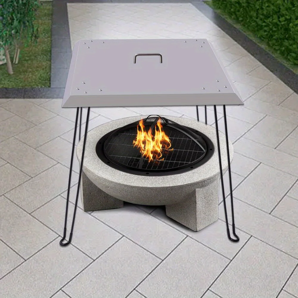

24" Square Fire Pit Spark Screen - Stainless Steel Heat Deflector with Handle for Safety and Convenience