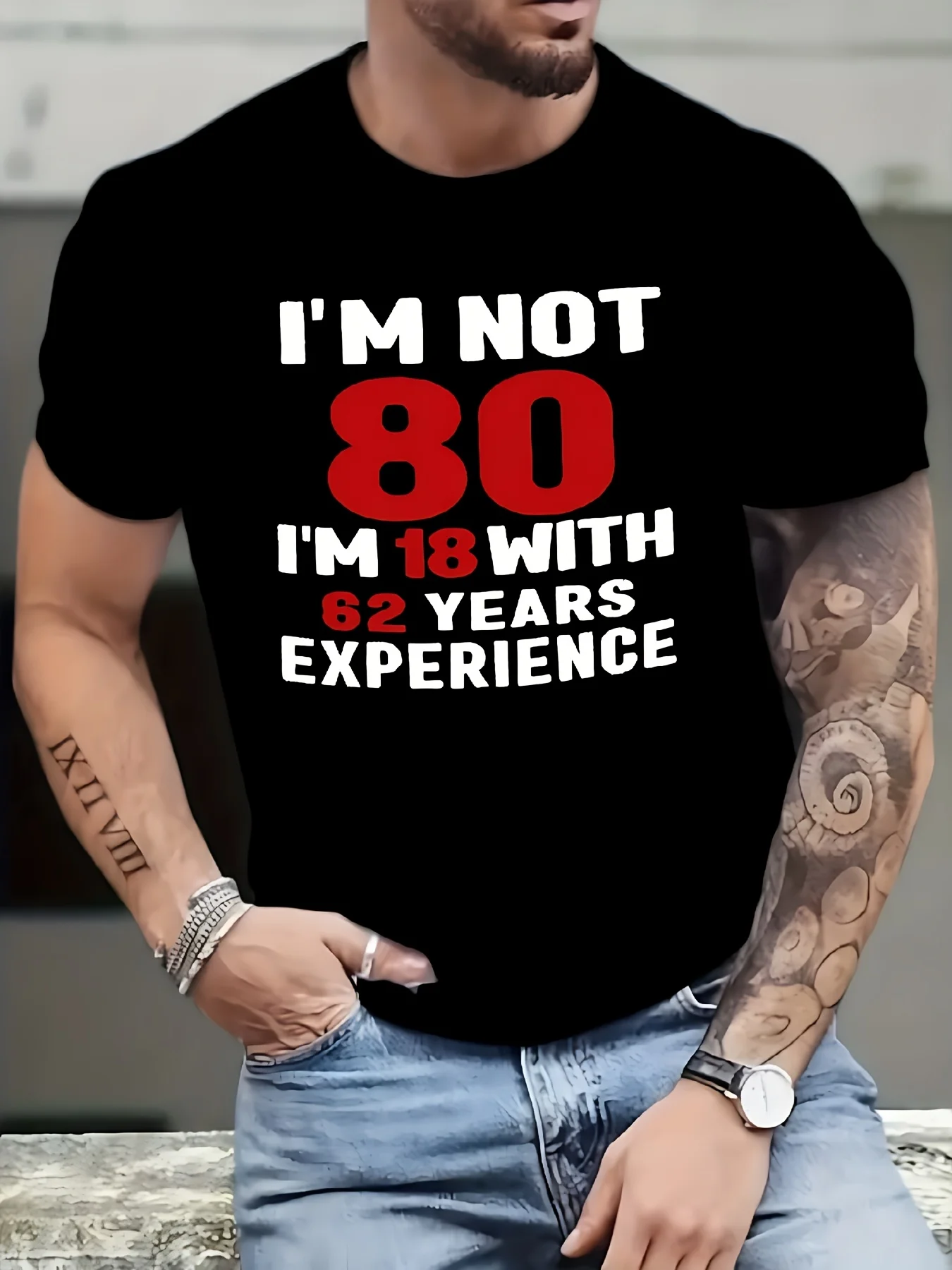 Men's 80-day printed T-shirt | Casual round-neck, stretch fabric, perfect for spring/summer/autumn