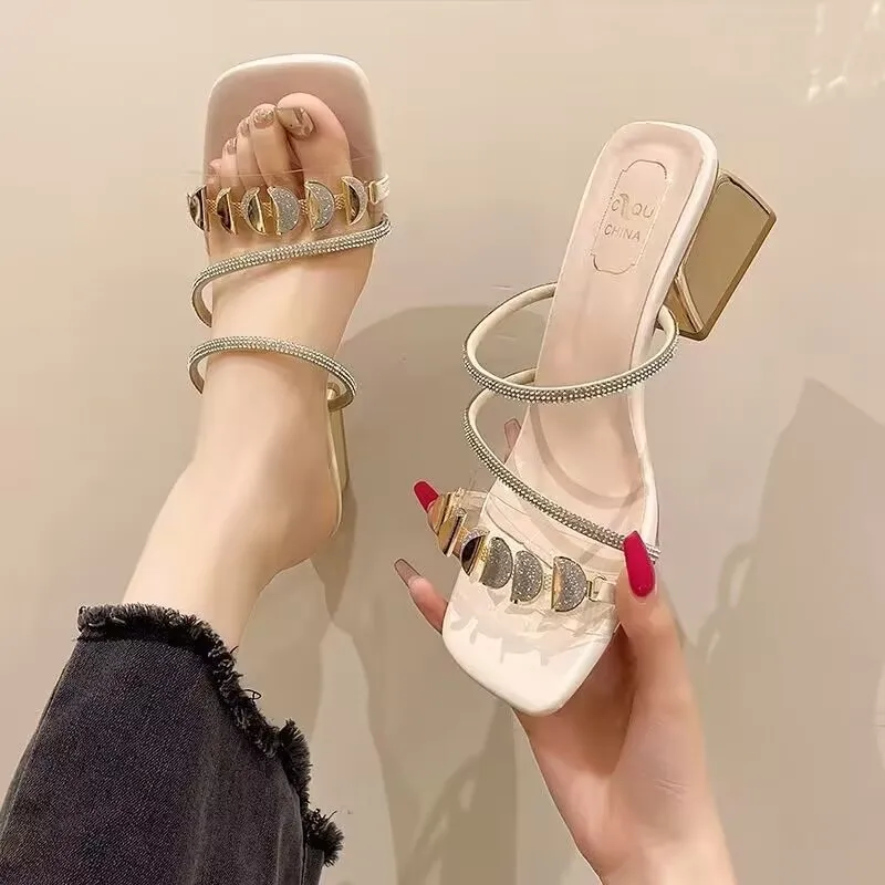 

Women’s High-heeled Sandals Summer Square Toe Thick Heel Slippers Elegant Slip-On Lightweight Banquet Sandals sandalias de mujer