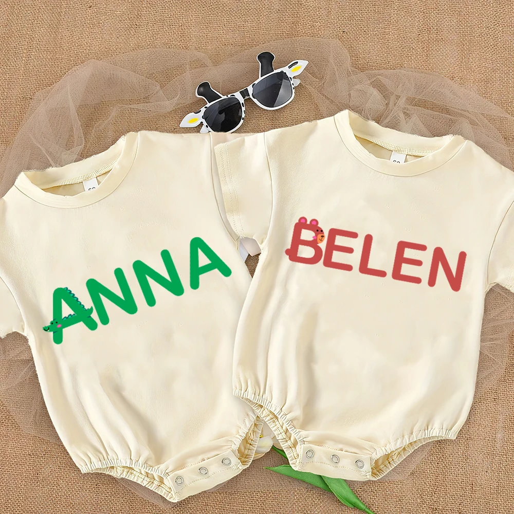 Custom Name Animal&Alphabet Print Baby Bubble Romper Personalize Short Sleeve Casual Infant Oversize Bodysuit Summer Clothes