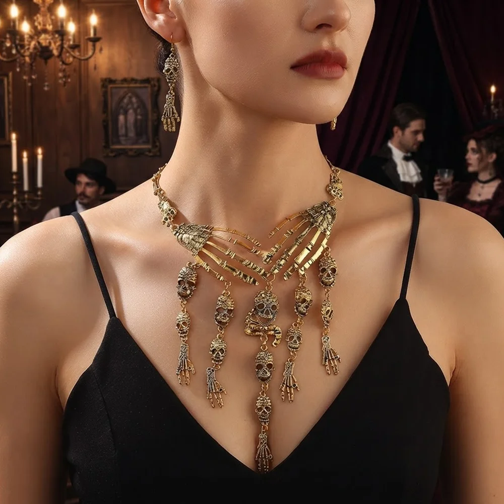 Gothic Punk Halloween Jewelry Set Vintage Skeleton Hand Skull Statement Necklace Earrings for Women Party Costume Accessories
