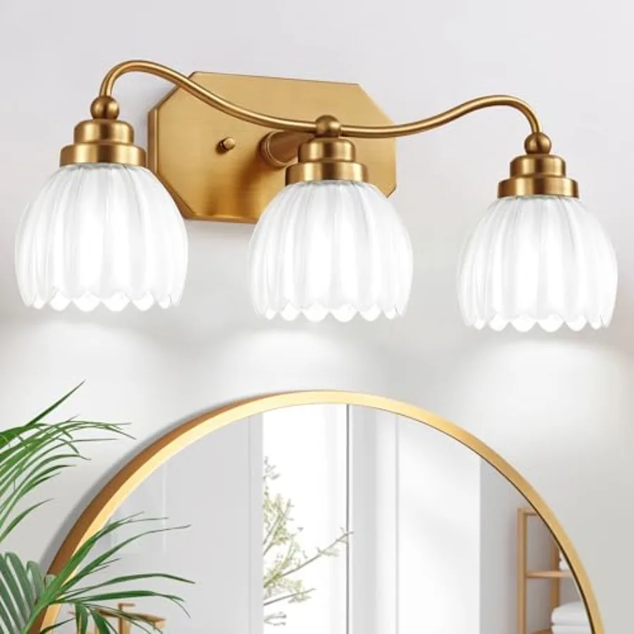 

Vintage bathroom light fixtures for vanity, matte antique brass finish with crystal glass shade, milk white 3-light wall sconce