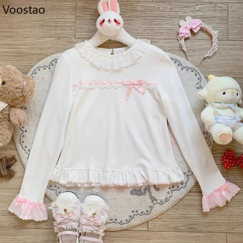 

Japanese Kawaii Lolita Style T-Shirts Women Sweet Y2k Lace Ruffles O-Neck Long Sleeve Tees Spring Autumn Girls Bow Princess Tops