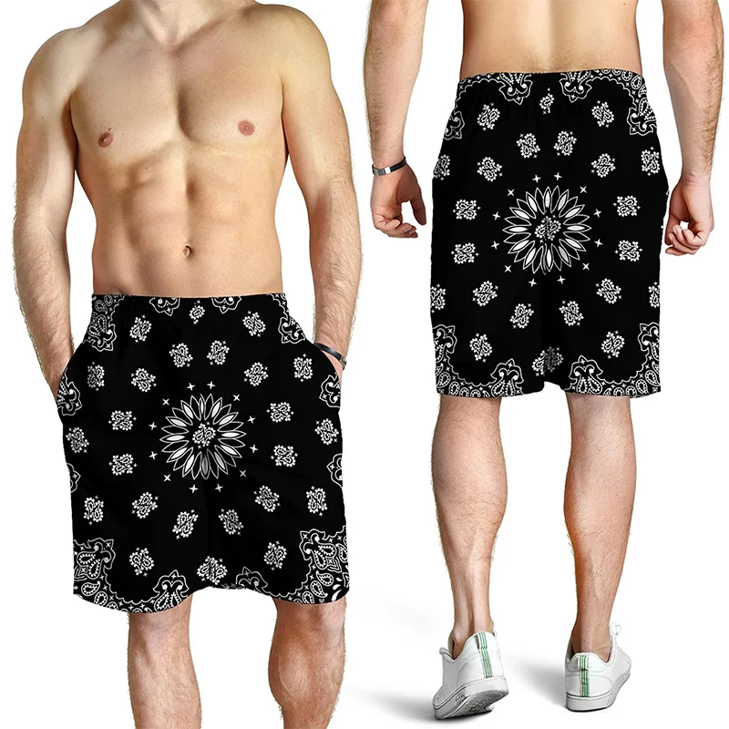 3D Print Black Paisley Bandana Pattern Shorts For Men Quick Dry Oversized Beach Shorts Homme Mens Swim Trunk Short Pants