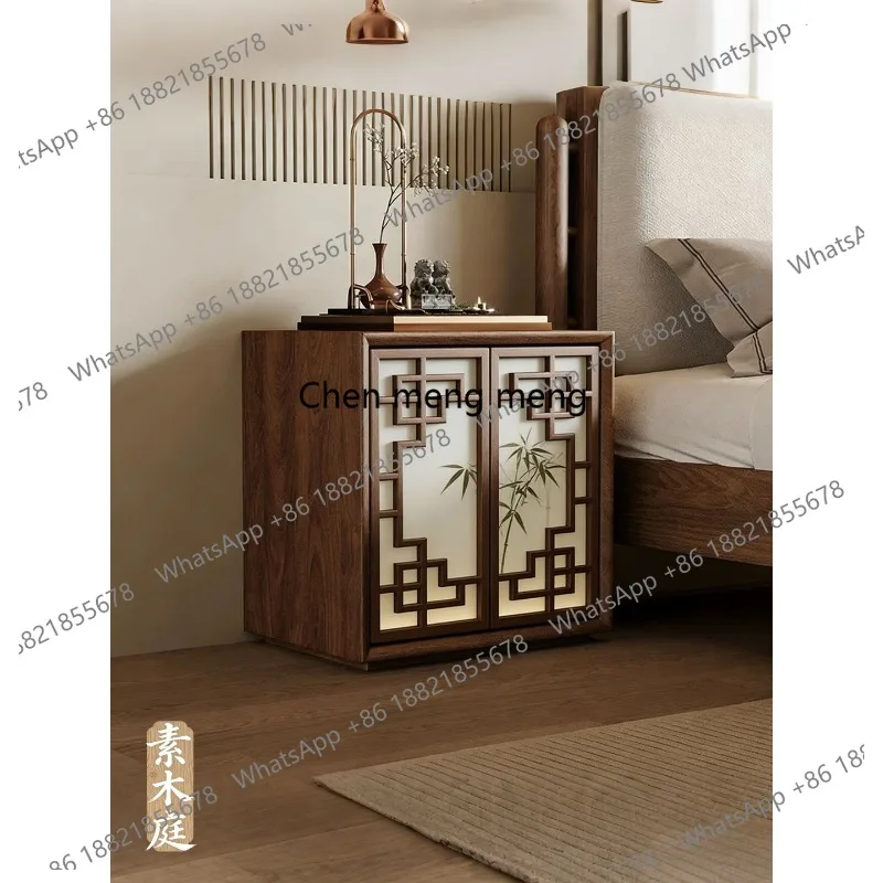 

New Chinese style North American black walnut bedside minimalist locker bedroom solid wood double door storage cabinet