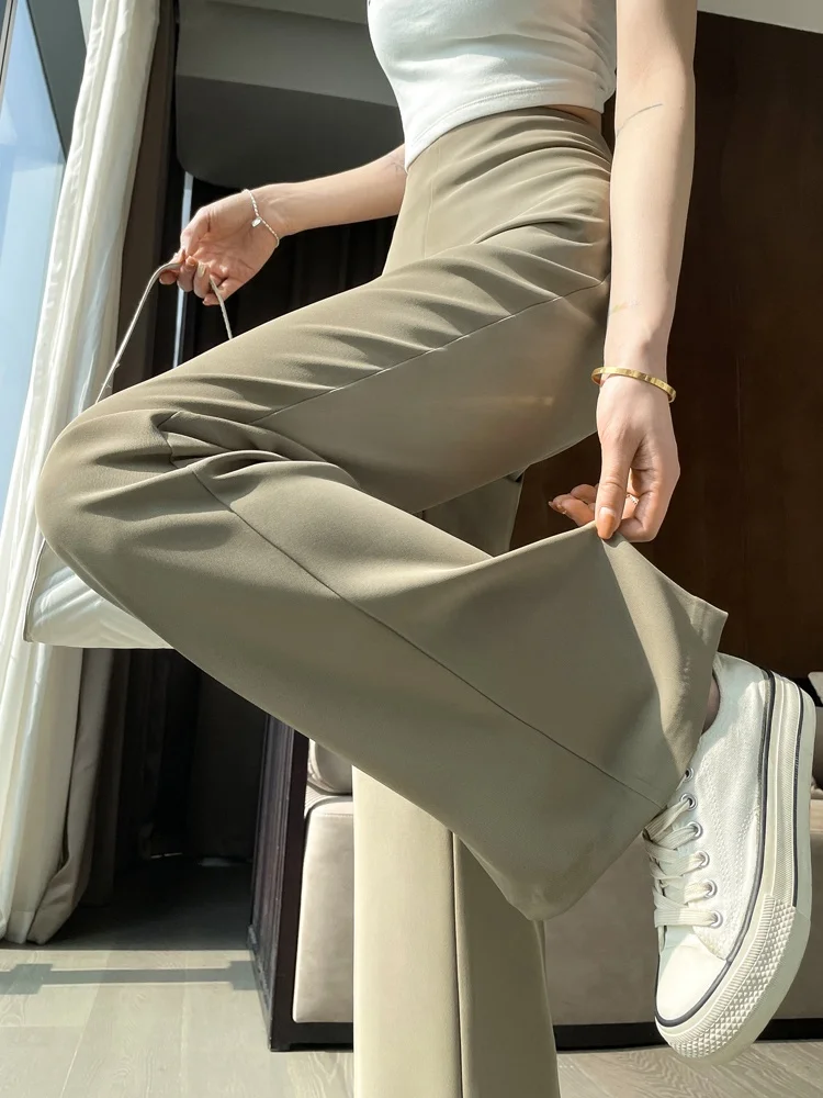 กางเกงสูทขาบานผ้าไหมน้ำแข็งสีกากีผู้หญิงเอวสูงบางขากว้างลำลองกางเกงยาวพื้นตรงตัดแฟชั่นฤดูร้อน
