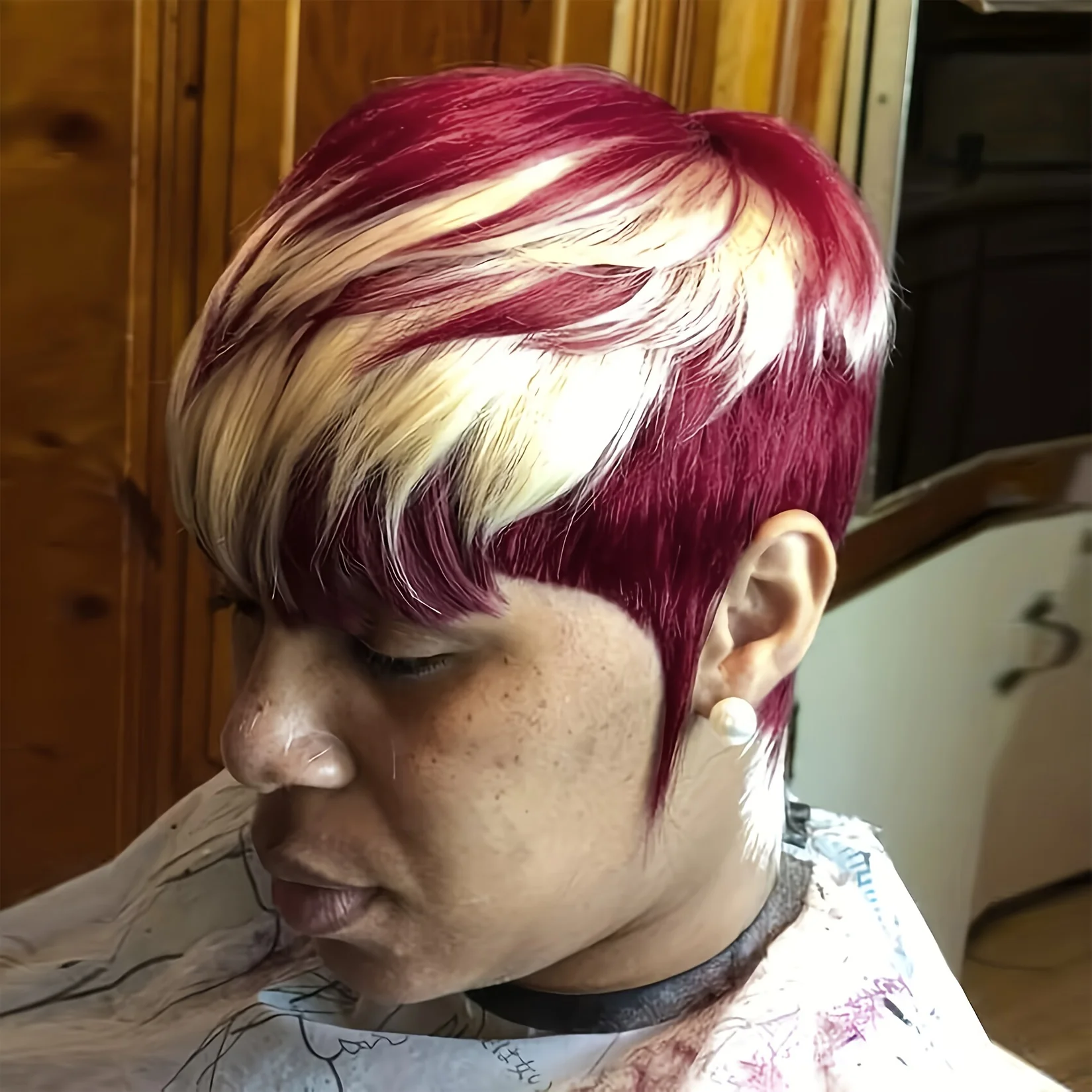 613オンブレ99J/レッドカラーピクシーカットストレート人毛ウィッグ女性用フルマシンメイドウィッグショートレイヤードストレートウィッグ（前髪付き）