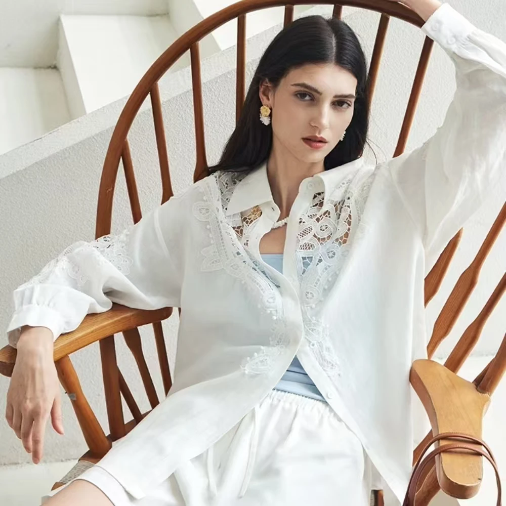 Pailletten Aushöhlen Stickerei 100% Baumwolle Shirts & Blusen frauen Mid-länge Lose Weiß Party Hemd roupas feminina camisas